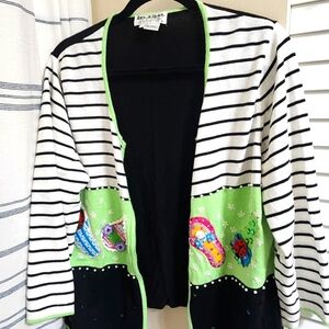 Jack B Quick Striped Cardigan w/ Embroidered Flip Flops Sequined, Beaded VINTAGE